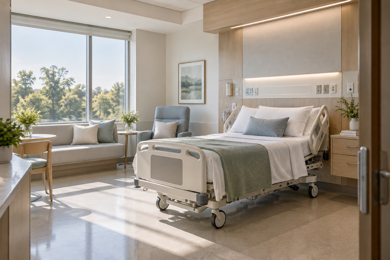 Patient-care room with hospital bed and integrated wall services